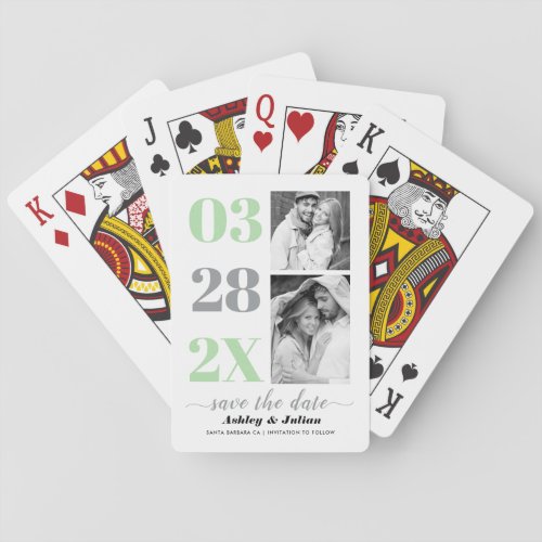 Modern gray mint two photo Save the Date Poker Cards