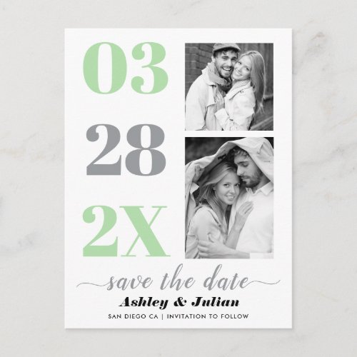 Modern gray mint two photo Save the Date Postcard