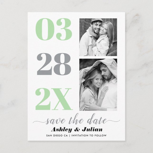 Modern gray, mint two photo Save the Date Postcard (Front)