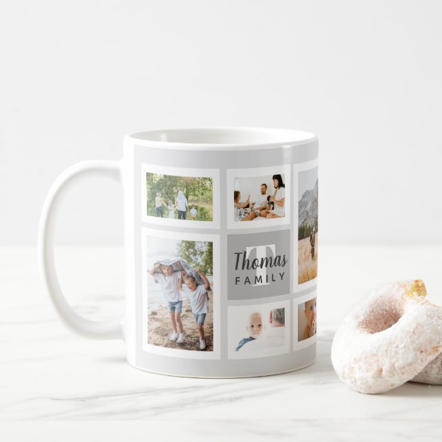 Modern Gray Monochrome Family Photo Collage Coffee Mug (With Donut)