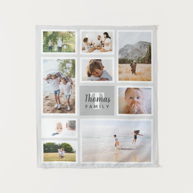 Modern Gray Monochrome Family Photo Collage Tapestry (Front)