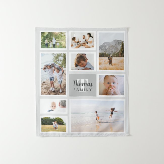 Modern Gray Monochrome Family Photo Collage Tapestry