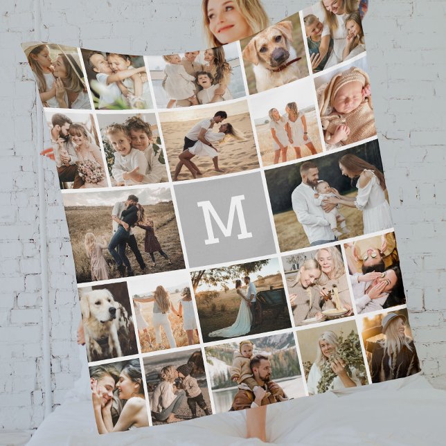 Modern Gray Monogram 22 Photo Collage Fleece Blanket (Creator Uploaded)