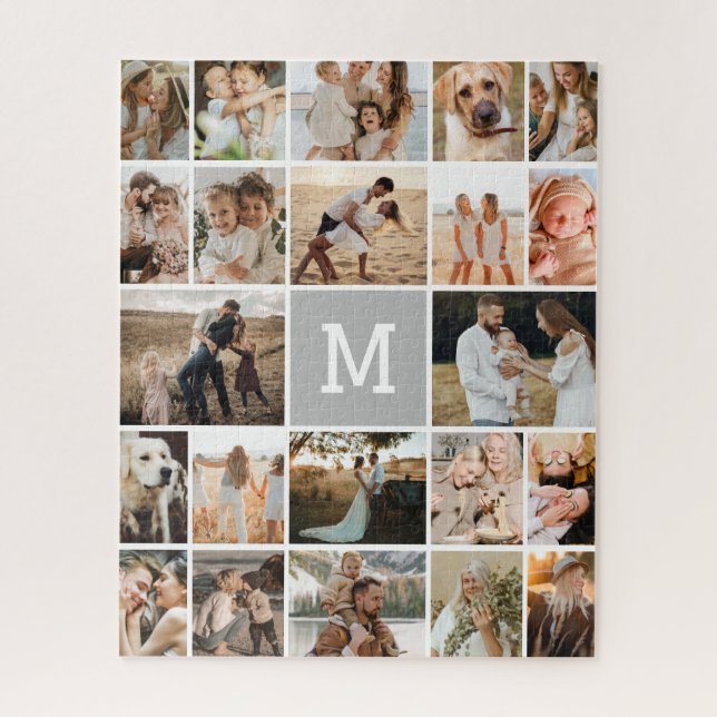 Modern Gray Monogram 22 Photo Collage Jigsaw Puzzle (Vertical)