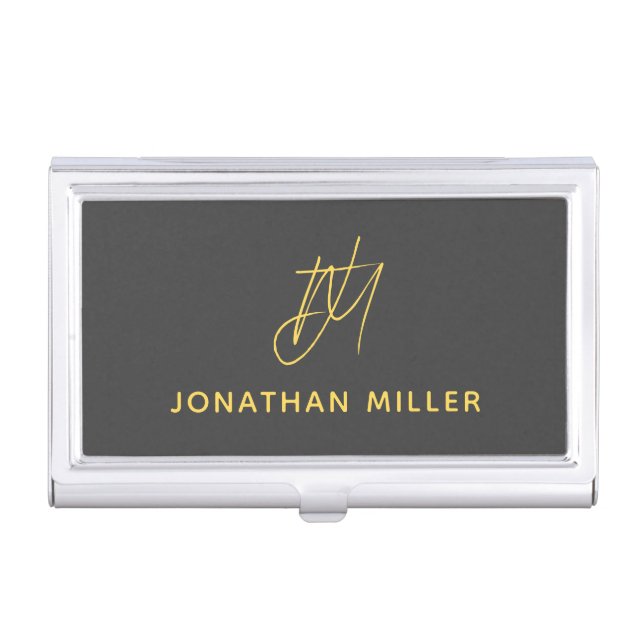 Modern Gray Monogram Business Card Case (Front)