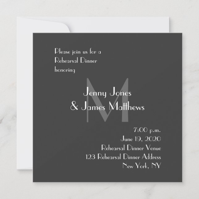 Modern Gray Monogram Rehearsal Dinner Invitation (Front)