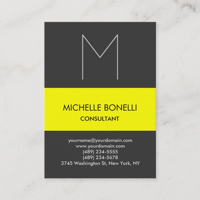 Modern gray monogram yellow striped business card (Front)