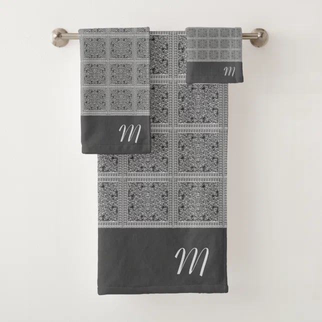 Modern Gray Monogrammed Square Pattern Bath Towel Set Zazzle