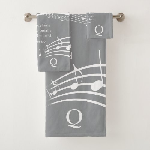 Modern Gray Music Notes Monogram  Bath Towel Set