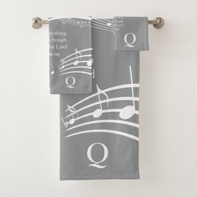 Modern Gray Music Notes Monogram  Bath Towel Set (Insitu)
