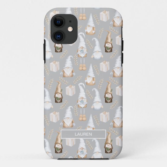 Modern Gray Neutral Gnome Christmas Name Pattern   Case-Mate iPhone Case (Back)