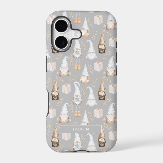 Modern Gray Neutral Gnome Christmas Name Pattern   Iphone Case (Back)