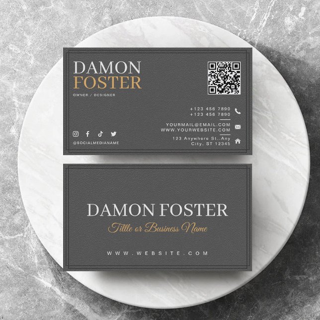 Modern Gray Neutral Leather Minimalist QR Code Business Card (Creator Uploaded)