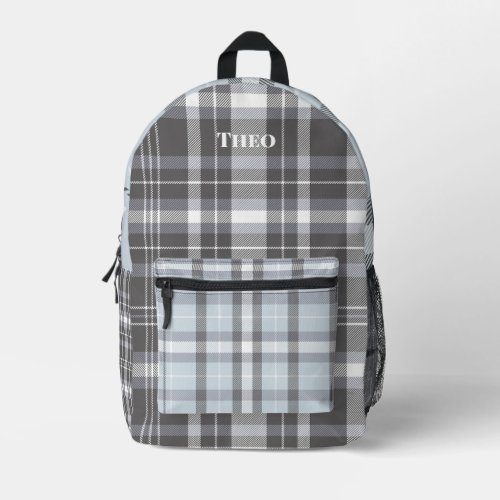 Modern gray neutral plaid with name printed backpack