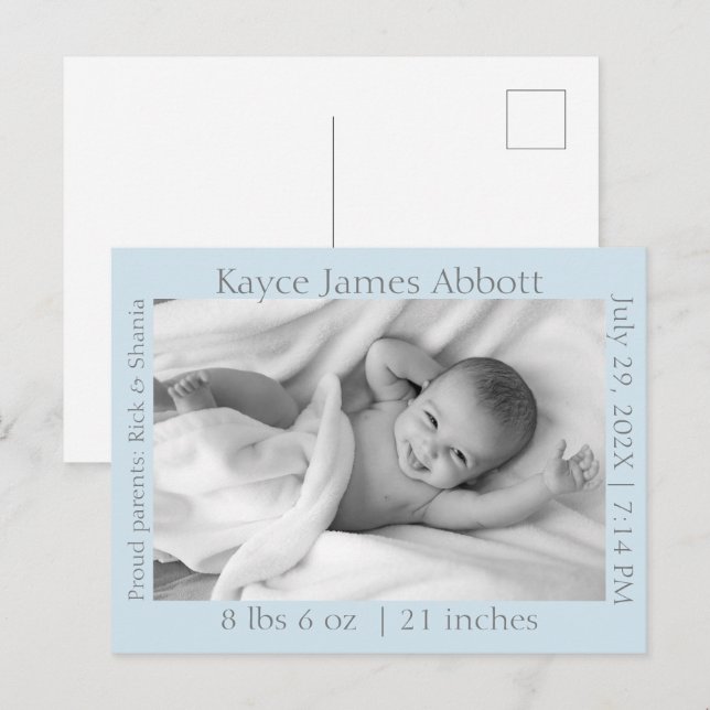 Modern Gray on Blue Baby Announcement  Postcard (Front/Back)