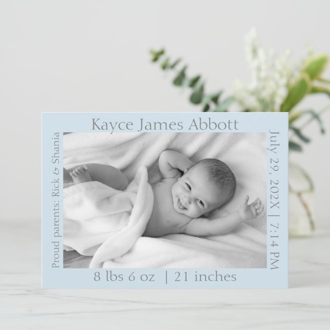 Modern Gray on Blue Photo Birth Announcement (Standing Front)