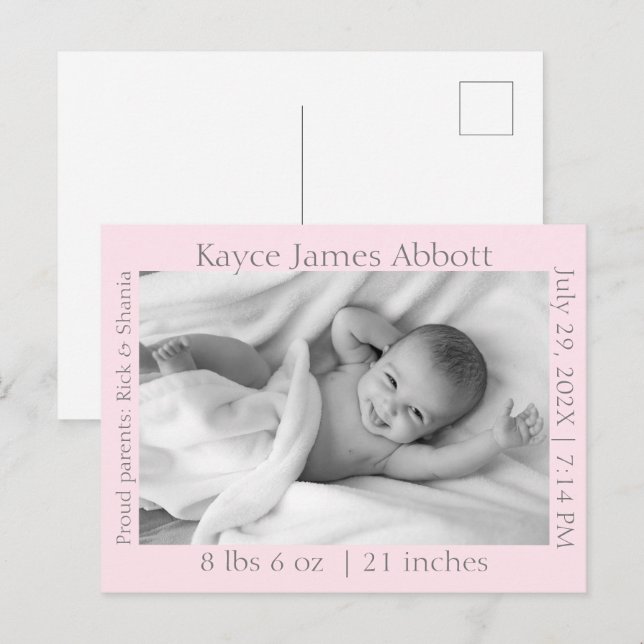 Modern Gray on Pastel Pink Baby  Announcement Postcard (Front/Back)