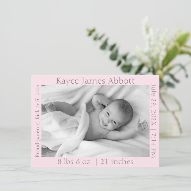Modern Gray on Pastel Pink Birth Announcement (Standing Front)
