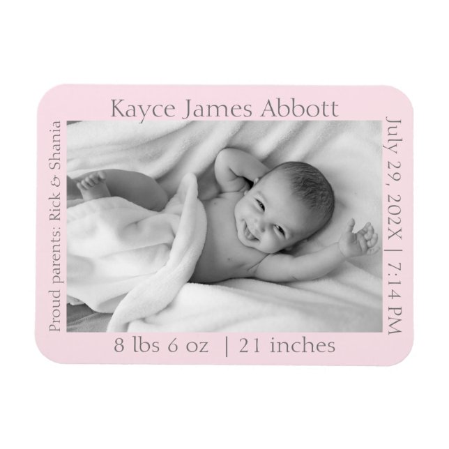 Modern Gray on Pastel Pink Birth Announcement Magnet (Horizontal)
