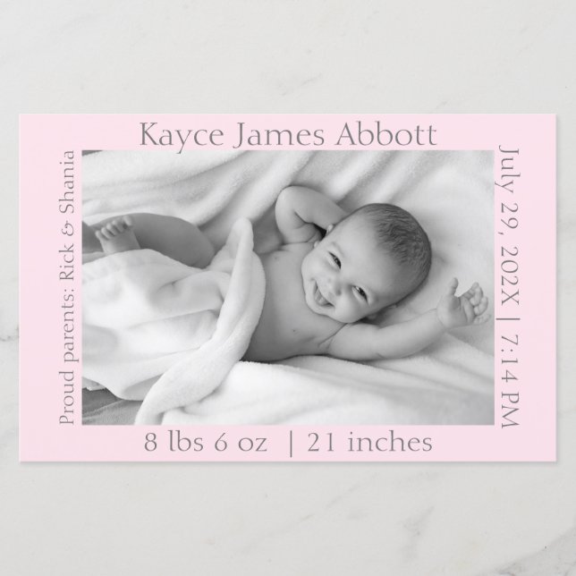 Modern Gray on Pastel Pink Birth Scrapbook Paper (Front)