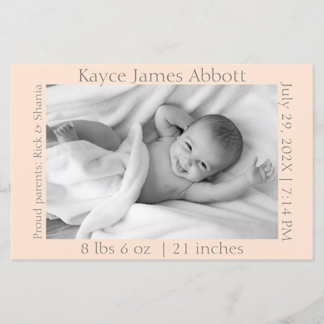 Modern Gray on Pastel Salmon Birth Scrapbook Paper (Front)