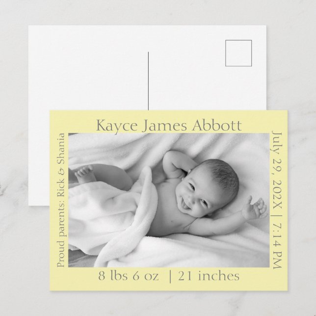 Modern Gray on Pastel Yellow Baby Announcement  (Front/Back)