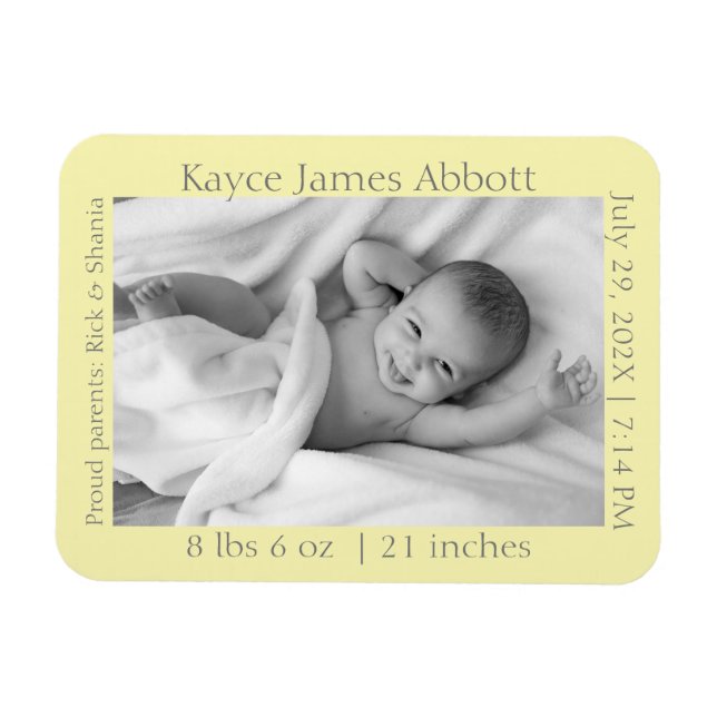 Modern Gray on Pastel Yellow Baby Announcement  Magnet (Horizontal)