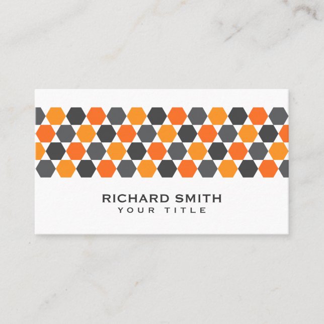 Modern gray orange blue hexagon border business card (Front)