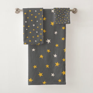 Modern gray pattern white yellow stars bath towel set