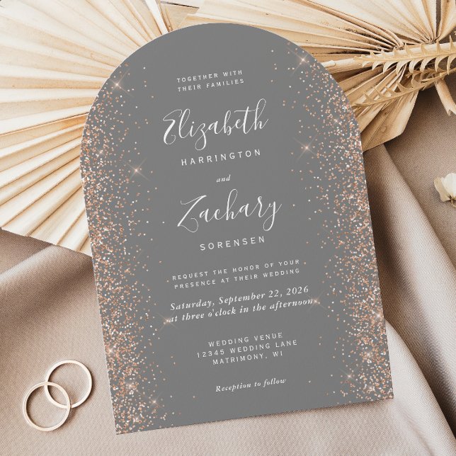 Modern Gray Peach Glitter Arch Wedding Invitation (Creator Uploaded)