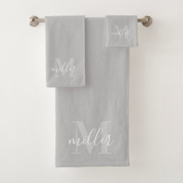 Modern Gray Personalized Family Name Monogram Bath Towel Set
