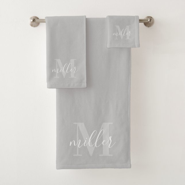 Modern Gray Personalized Family Name Monogram Bath Towel Set (Insitu)