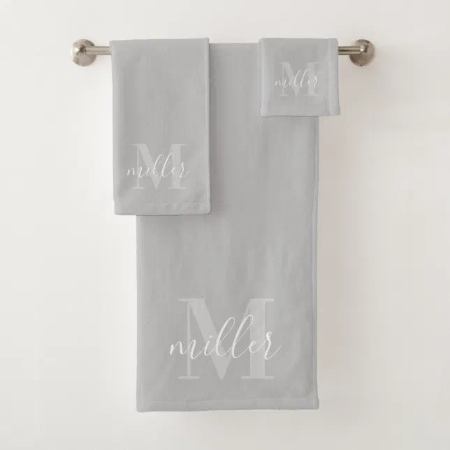 Modern Gray Personalized Family Name Monogram Bath Towel Set | Zazzle