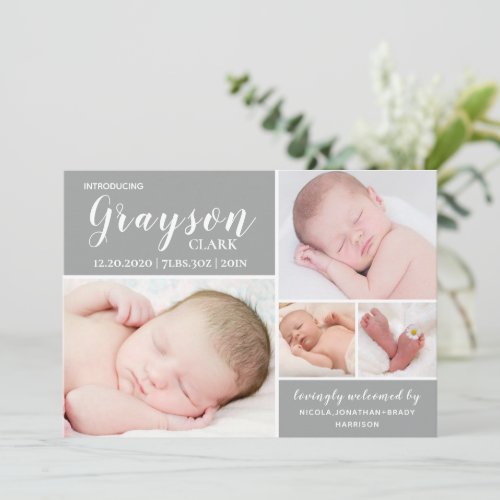 Modern Gray Photo Collage Baby Boy Birth Announcement