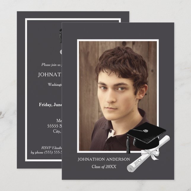 Modern Gray Photo Graduation Party Announcement (Front/Back)