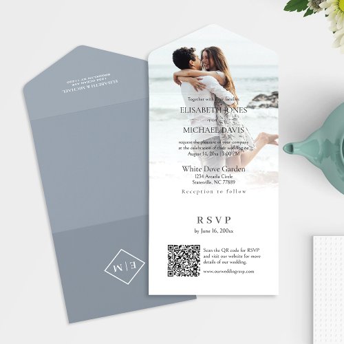 Modern Gray Photo QR Code Online Wedding All In One Invitation