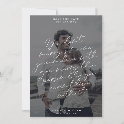 Modern gray photo save the date script love quote