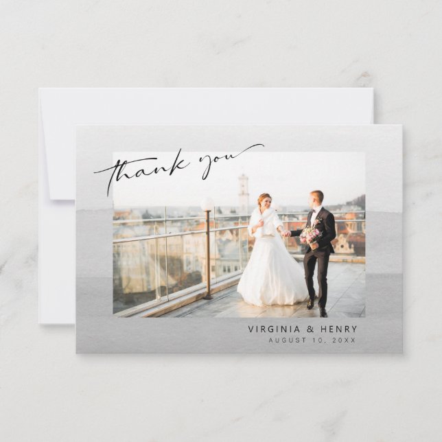 Modern Gray Photo Wedding Thank You Card (Front)