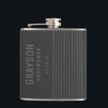 Modern Gray Pin Stripes Personalized Groomsman Flask<br><div class="desc">Add a personal touch to your wedding with personalized groomsmen flask. This flask features personalized groomsman's name with title and date in grey. In classic modern font style, on dark gray background. Also perfect for best man, father of the bride and more. Message me if you need assistance or have...</div>