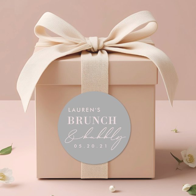 Modern Gray Pink Brunch and Bubbly Bridal Shower Classic Round Sticker (Creator Uploaded)