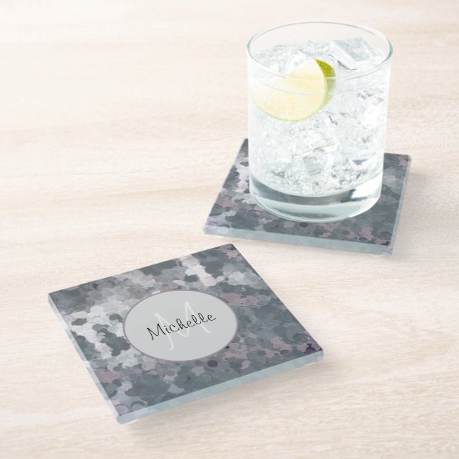 Modern Gray Pink Circles Mammogram Personalize Glass Coaster (Angled)