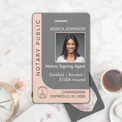 Modern Gray  Pink Custom Notary Photo ID   Badge