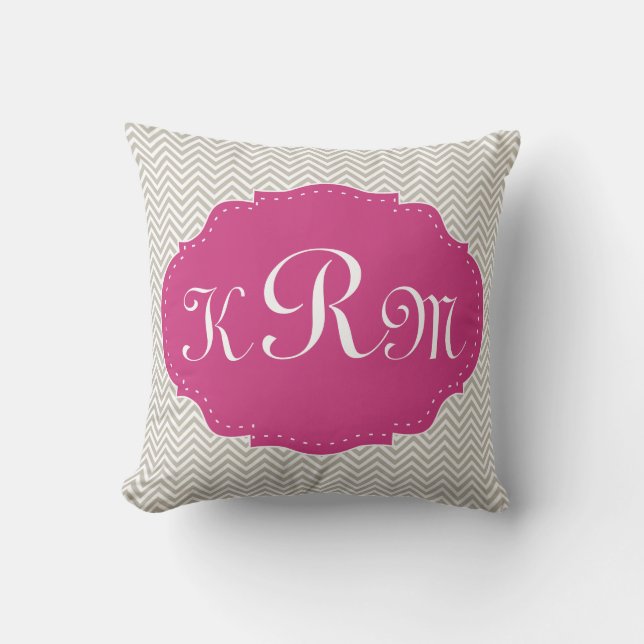 Modern Gray & Pink Monogram Throw Pillow (Front)