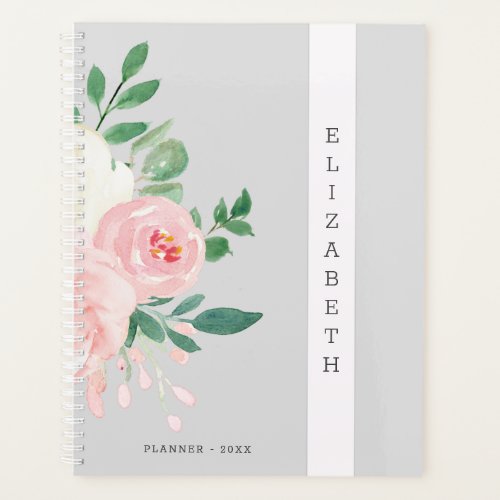 Modern Gray  Pink Watercolor Floral Chic Monogram Planner