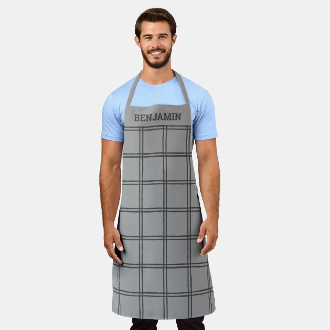Modern Gray Plaid Lines Personalized Dad Cook Apron (Worn)