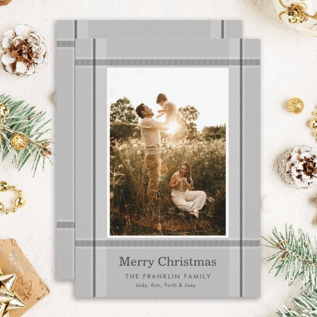 Modern Gray Plaid Photo Christmas Holiday Card (Creator Uploaded)
