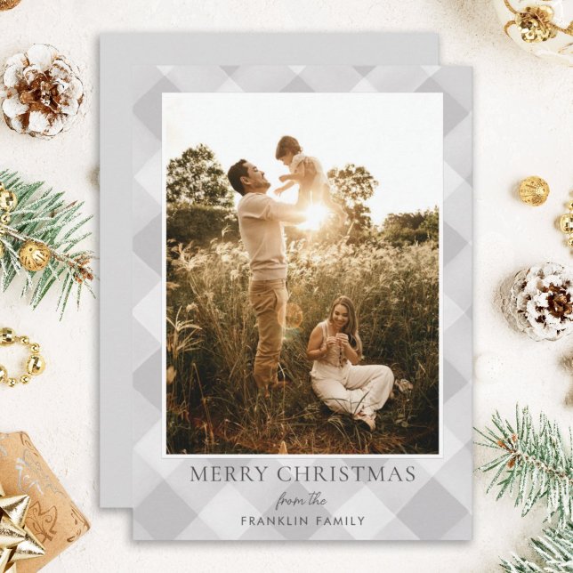 Modern Gray Plaid Photo Christmas Holiday Card (Creator Uploaded)