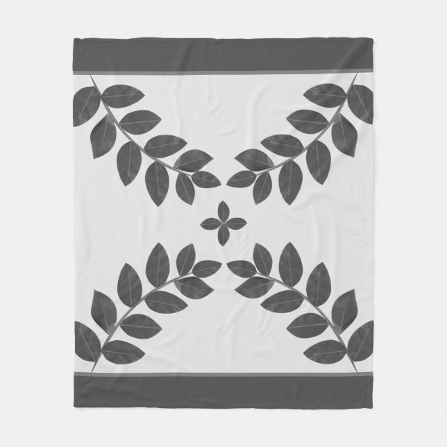 Modern Gray Plant Leaves Fleece Blanket (Front)