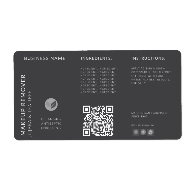 Modern Gray QR Code Wraparound  Bottle Ingredient  Label (Front)