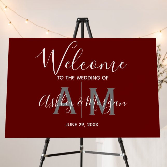 Modern Gray & Red Couple's Monogram 36x24 Wedding Foam Board (In Situ (Stand))